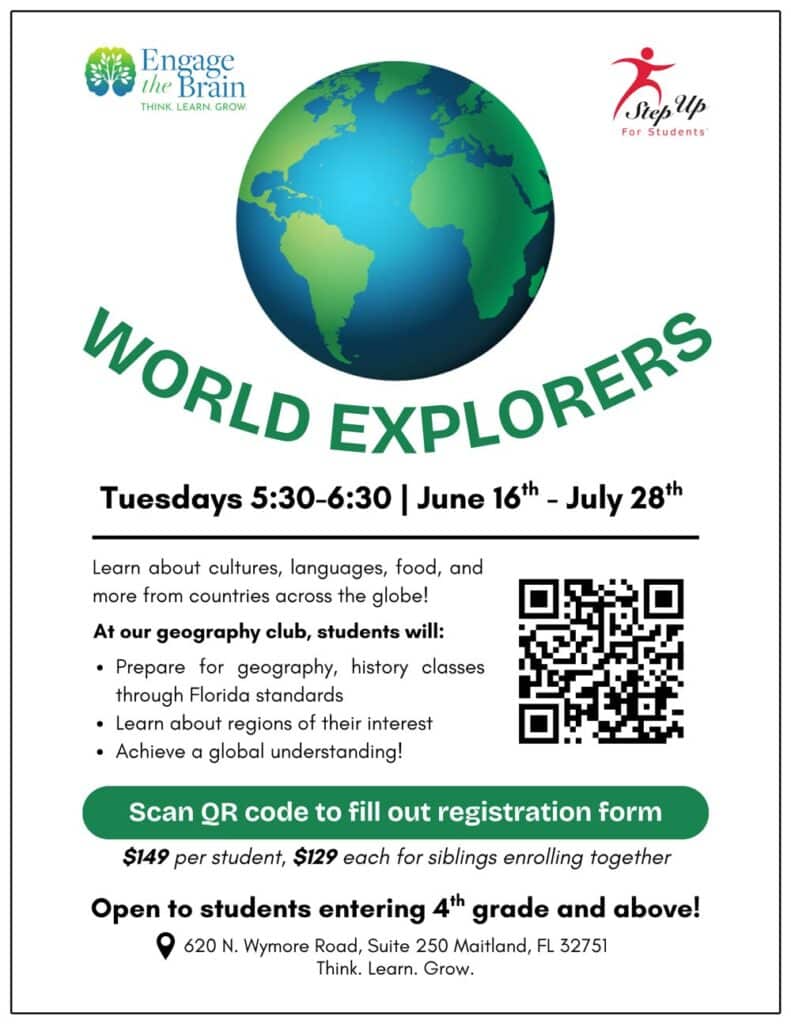 Flyer for World Explorers club at Engage the Brain
